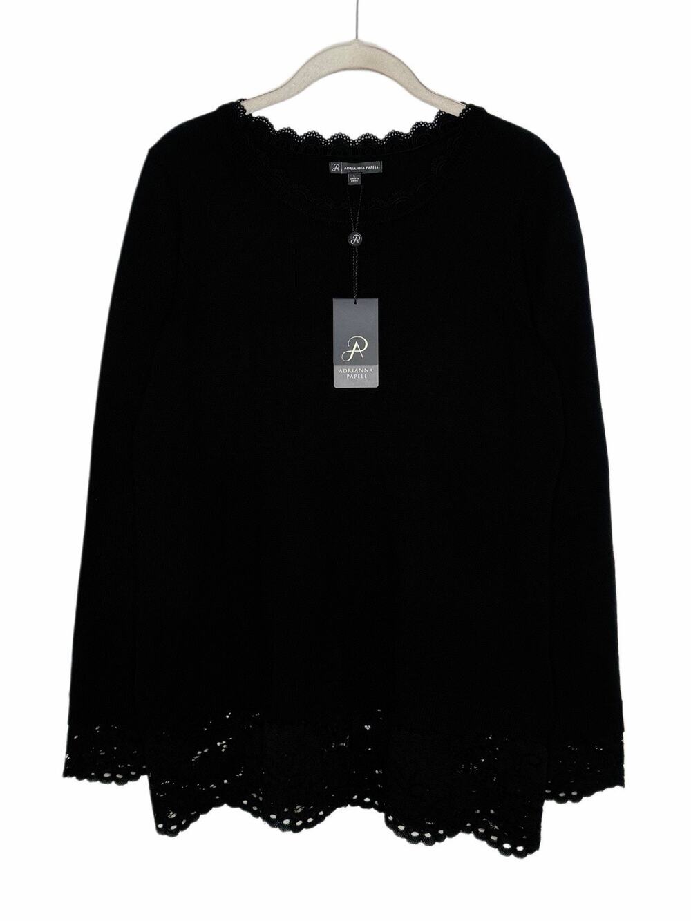 ADRIANNA PAPELL Black Pullover Womens Scalloped Sweater Sz Large NWT